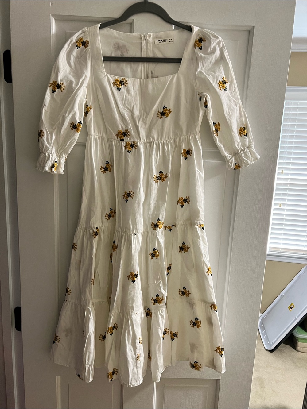 SHEIN White Midi Dress with Yellow Floral Embroidery